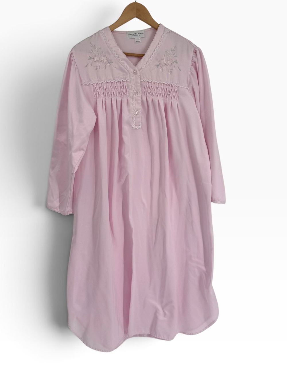 Miss Elaine Nightgown Size LP Pink Brushed Back Satin Mid Smocked Yoke Cozy